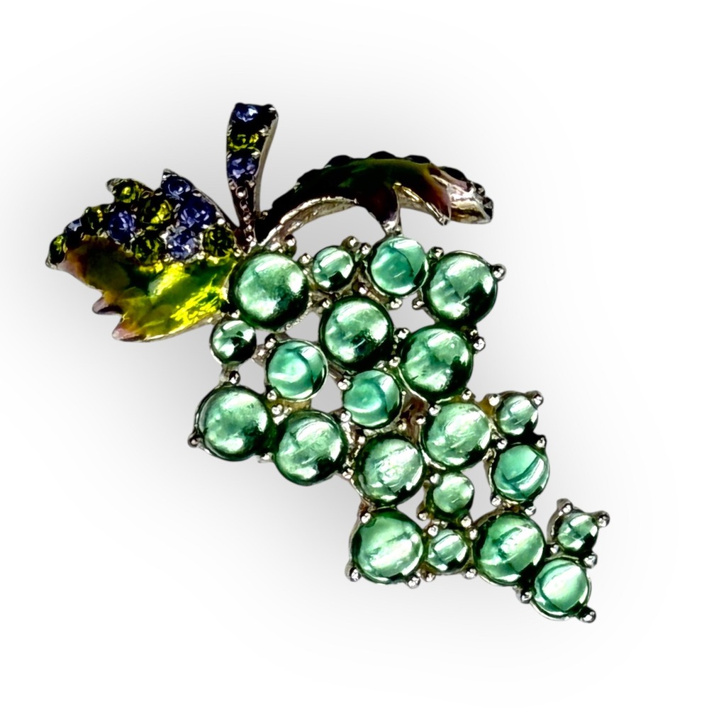 Vintage Monet Grape Cluster Brooch Green Cabochon‎ Enamel Rhinestone Silver Tone